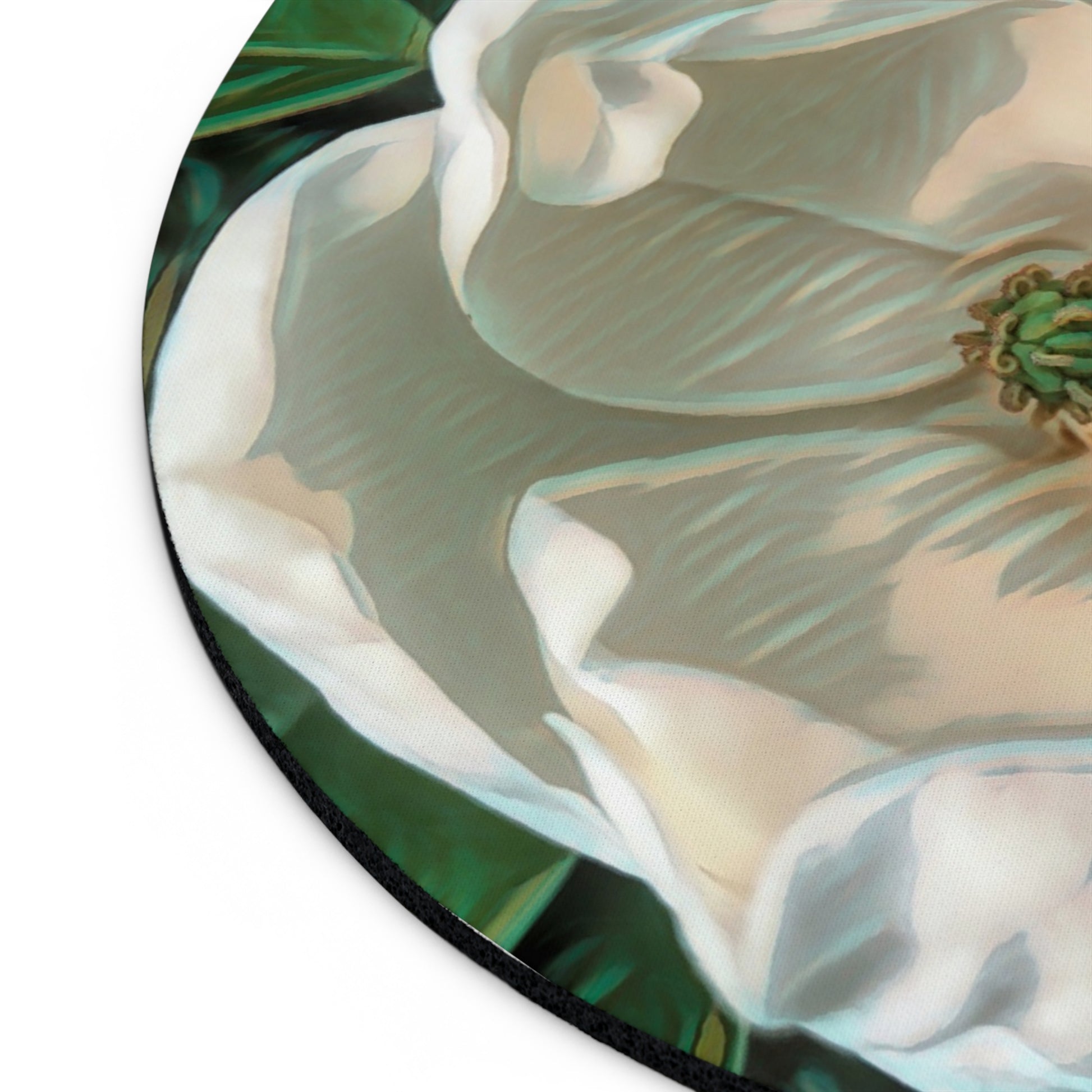 Close-up of a mousepad with a floral design on a white background