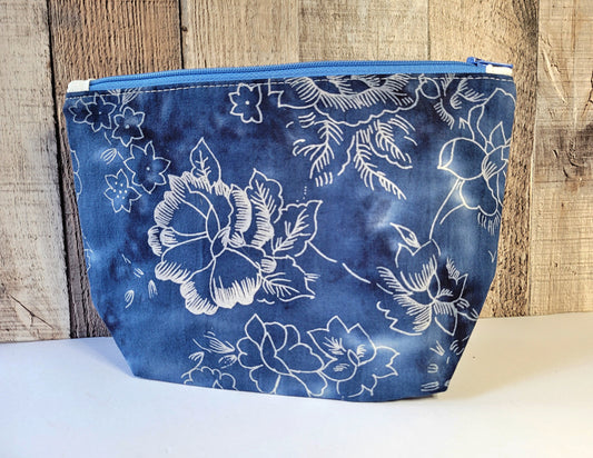 Blue Batik Fabric with Flowers Zipper Pouch