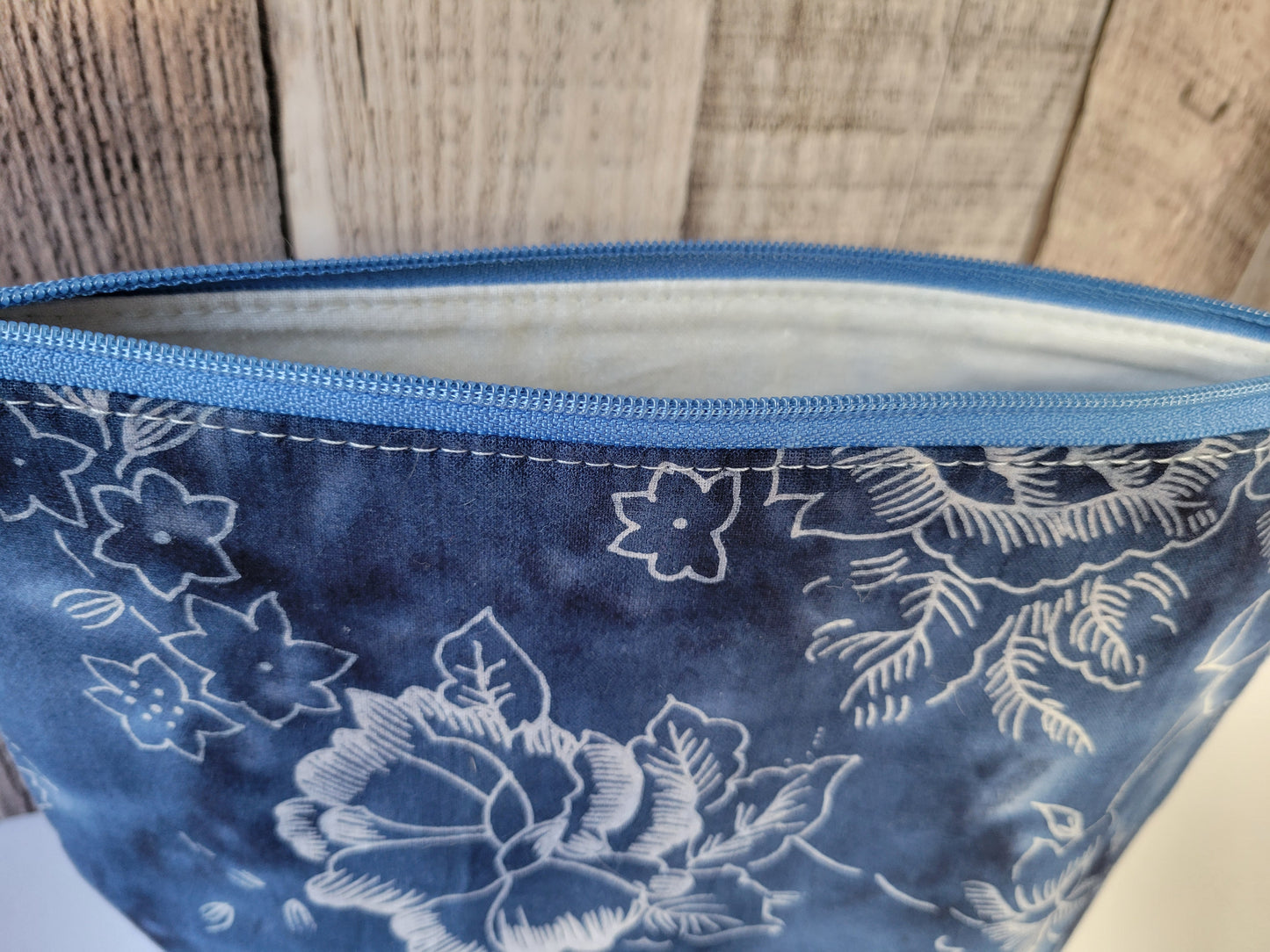 Blue Batik Fabric with Flowers Zipper Pouch