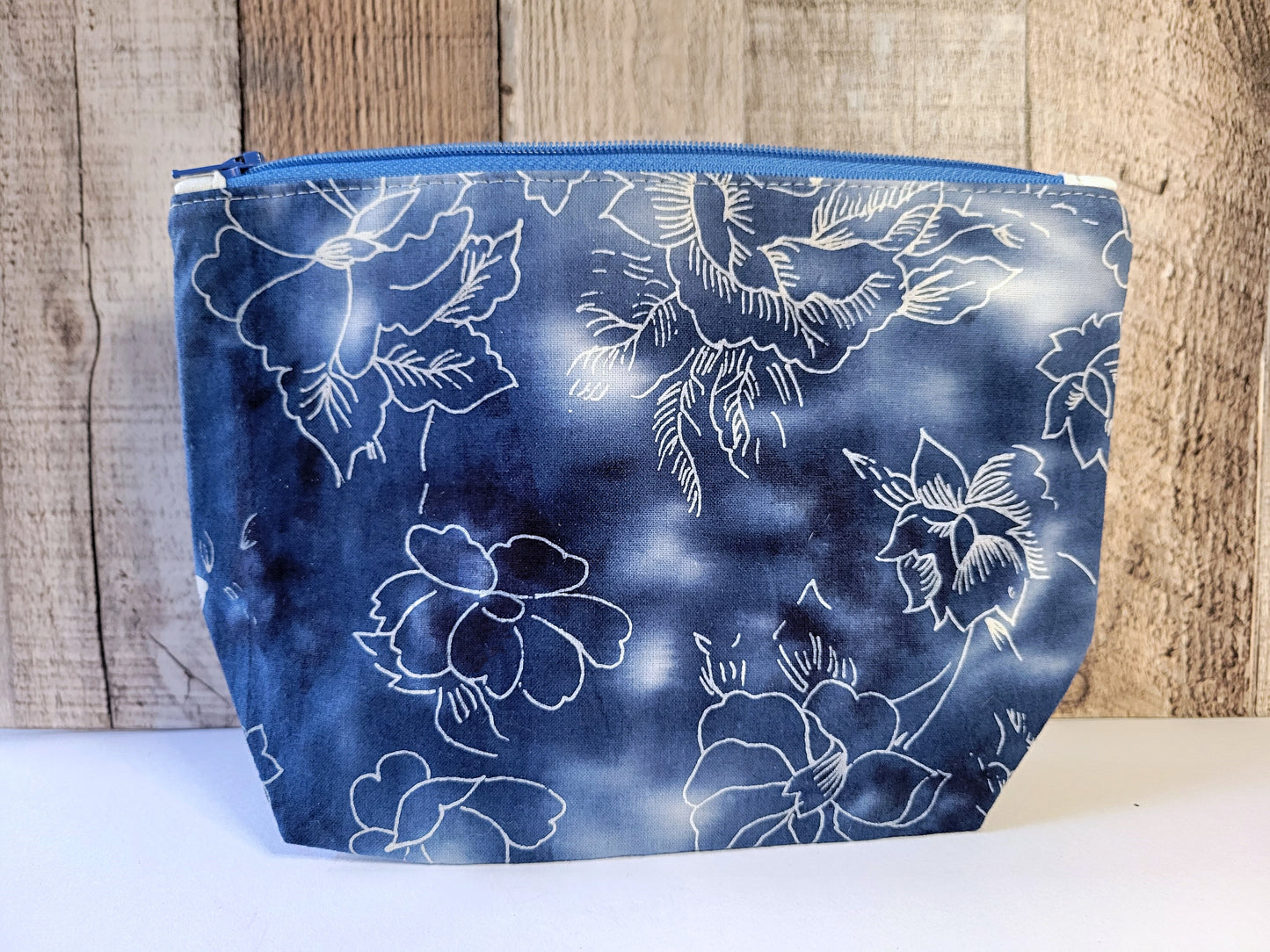 Blue Batik Fabric with Flowers Zipper Pouch