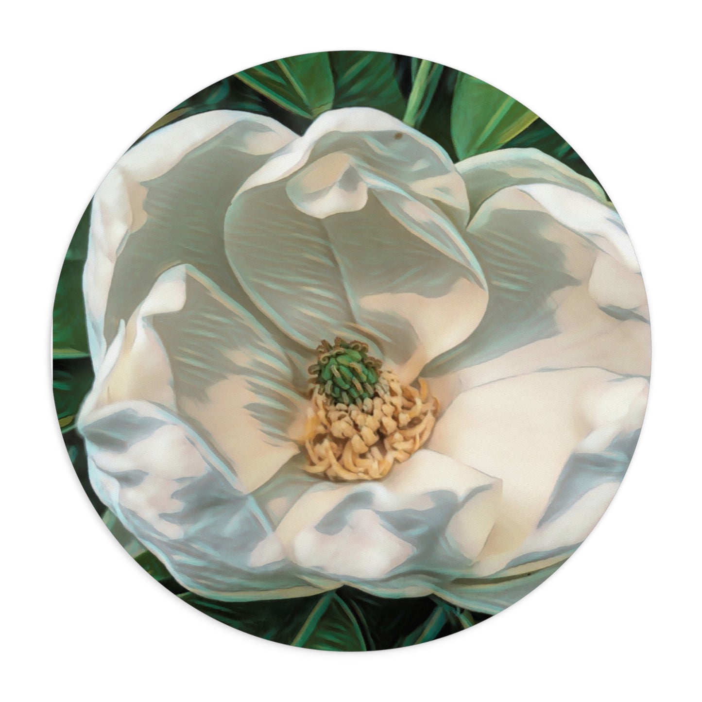 Round mousepad showing a close-up of a white flower with green leaves on a white background.