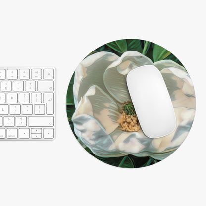 Round mouse pad with floral design on a white surface next to a keyboard.