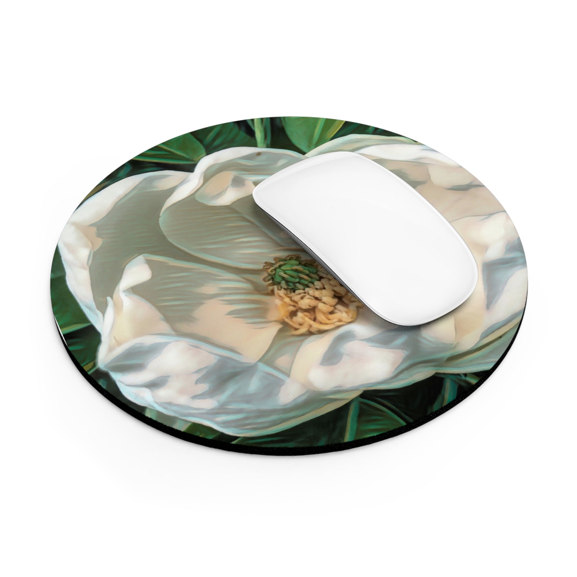 Round mouse pad with nature-themed design featuring a mouse on a white background