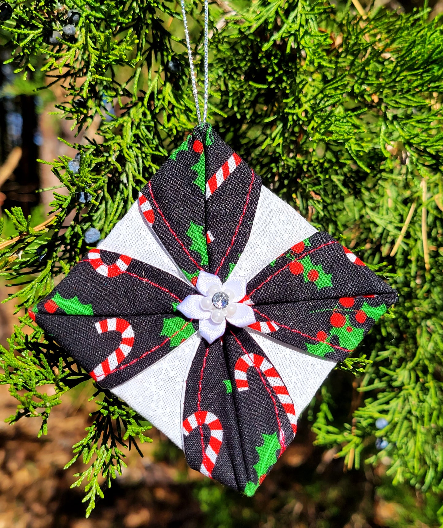 Holly and Candy Cane Fabric Ornament