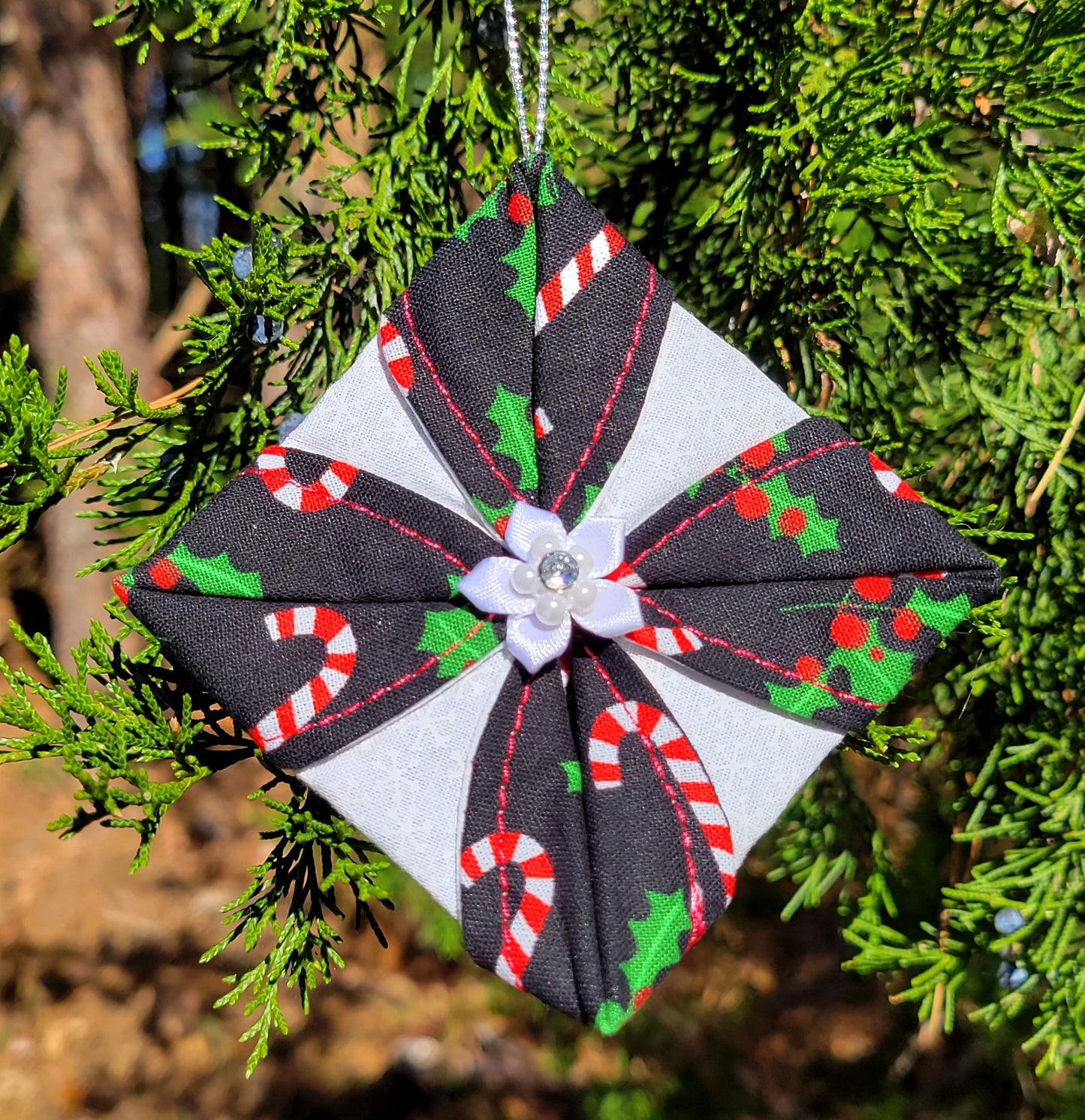 Holly and Candy Cane Fabric Ornament